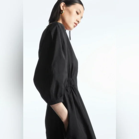 COS Black Midi V-Neck A-Line Dress Black Size 4 Modest Minimalist Elastic Waist - Picture 4 of 16
